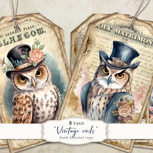 Vintage Eule Journal Tags, Vintage Eule Ephemera, Eule Tags, Eule zum Ausdrucken, Vintage Vögel Ephemera, Eule Bild, Junk Journal Tags, Vogel Tag