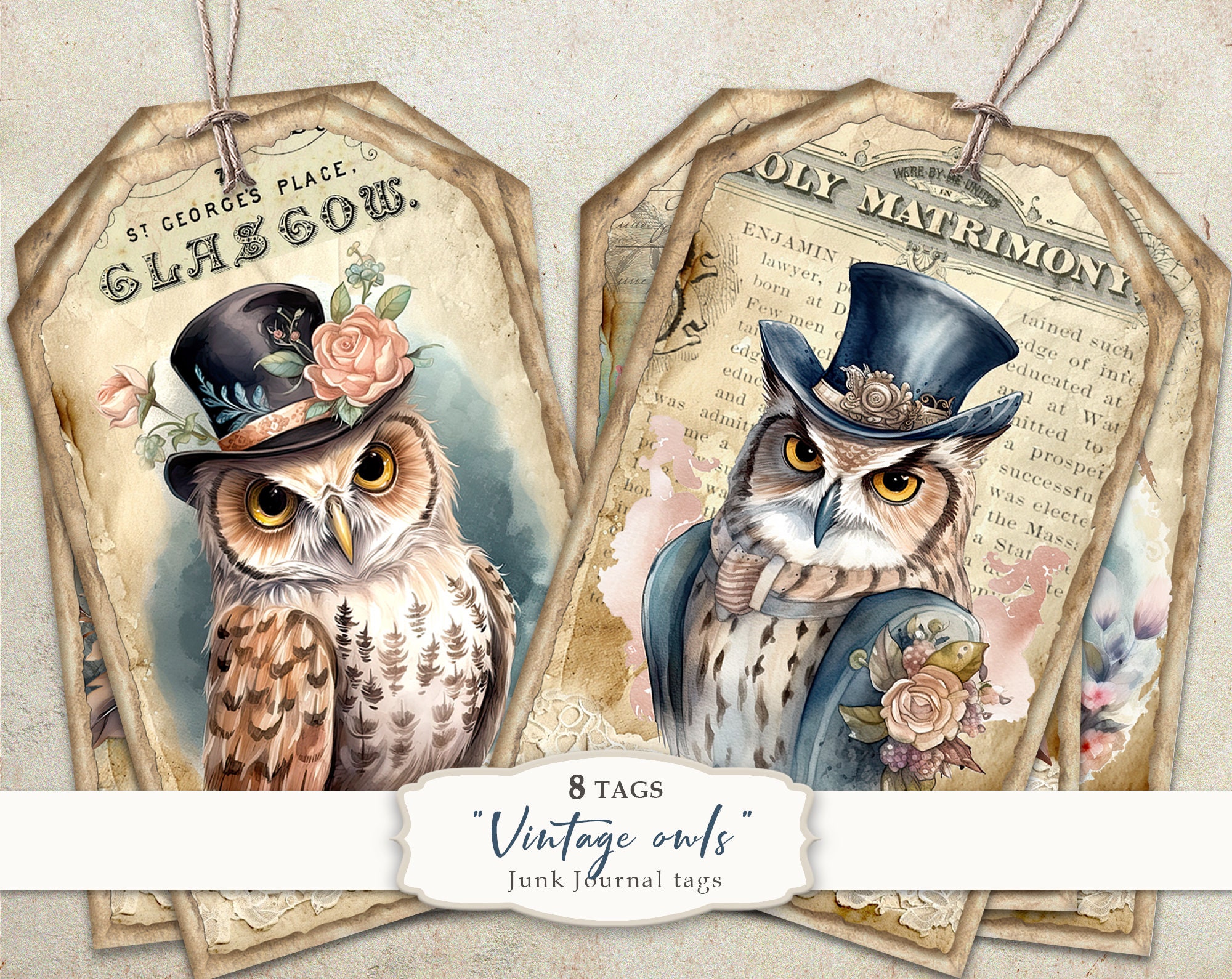 Vintage Owl Journal Tags, Vintage Owl Ephemera, Owl Tags, Owl Printable, Vintage Birds Ephemera, Owl