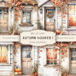 Autumn Country Houses-1 Junk Journal Kit, páginas para impressão em aquarela de outono, papel para scrapbook de outono, folha de colagem de outono, coisas efêmeras de outono