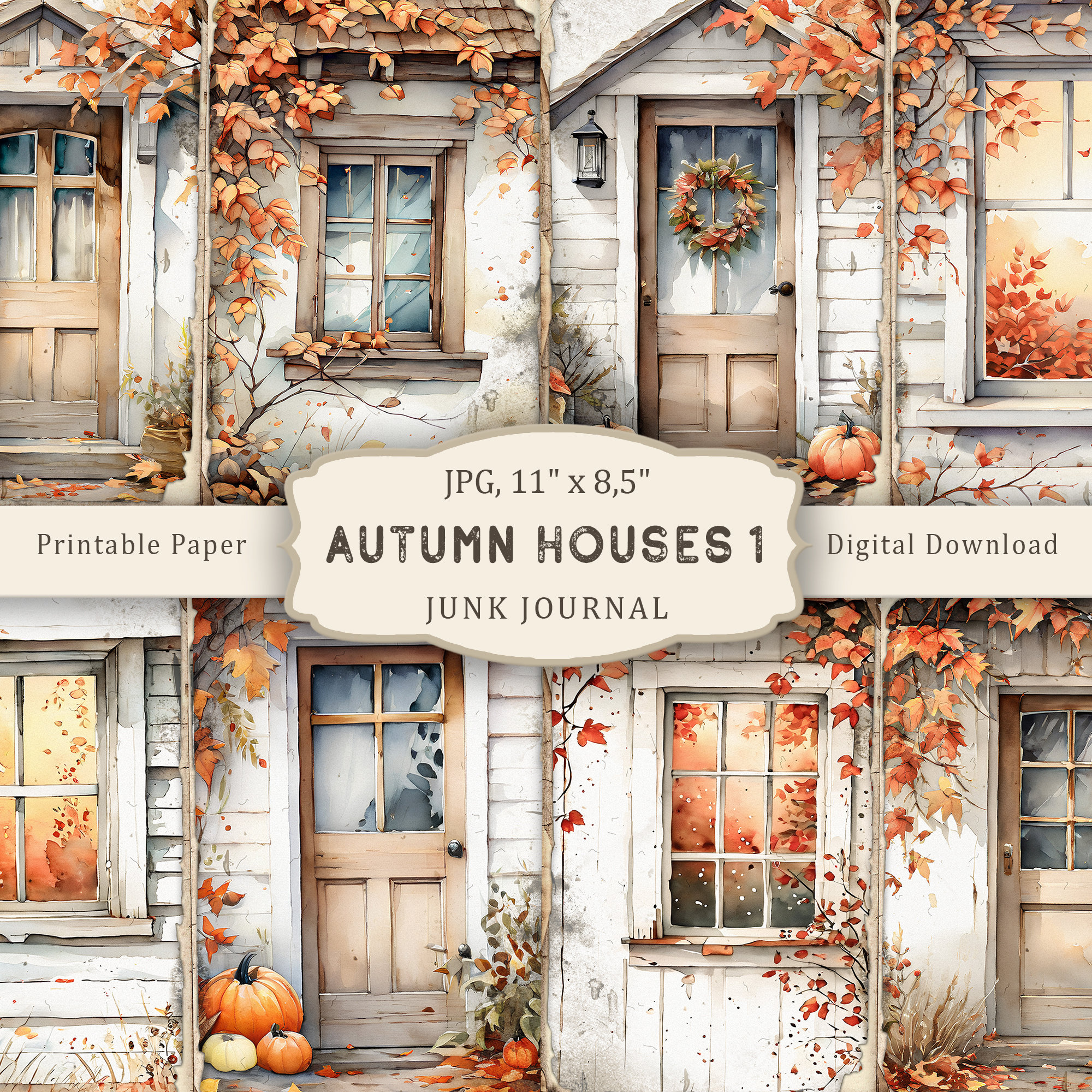 Autumn Country Houses-1 Junk Journal Kit, Watercolor Fall Home ...