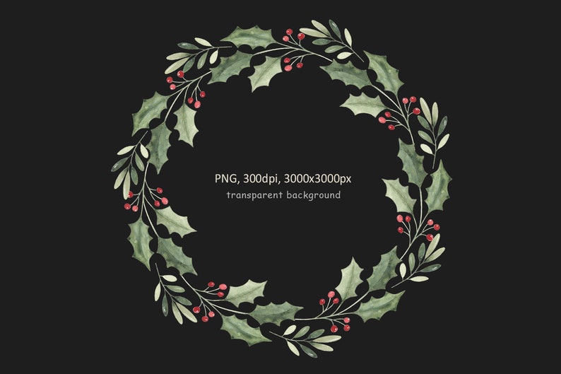 May include: A watercolor illustration of a green holly wreath with red berries. The wreath is on a black background.