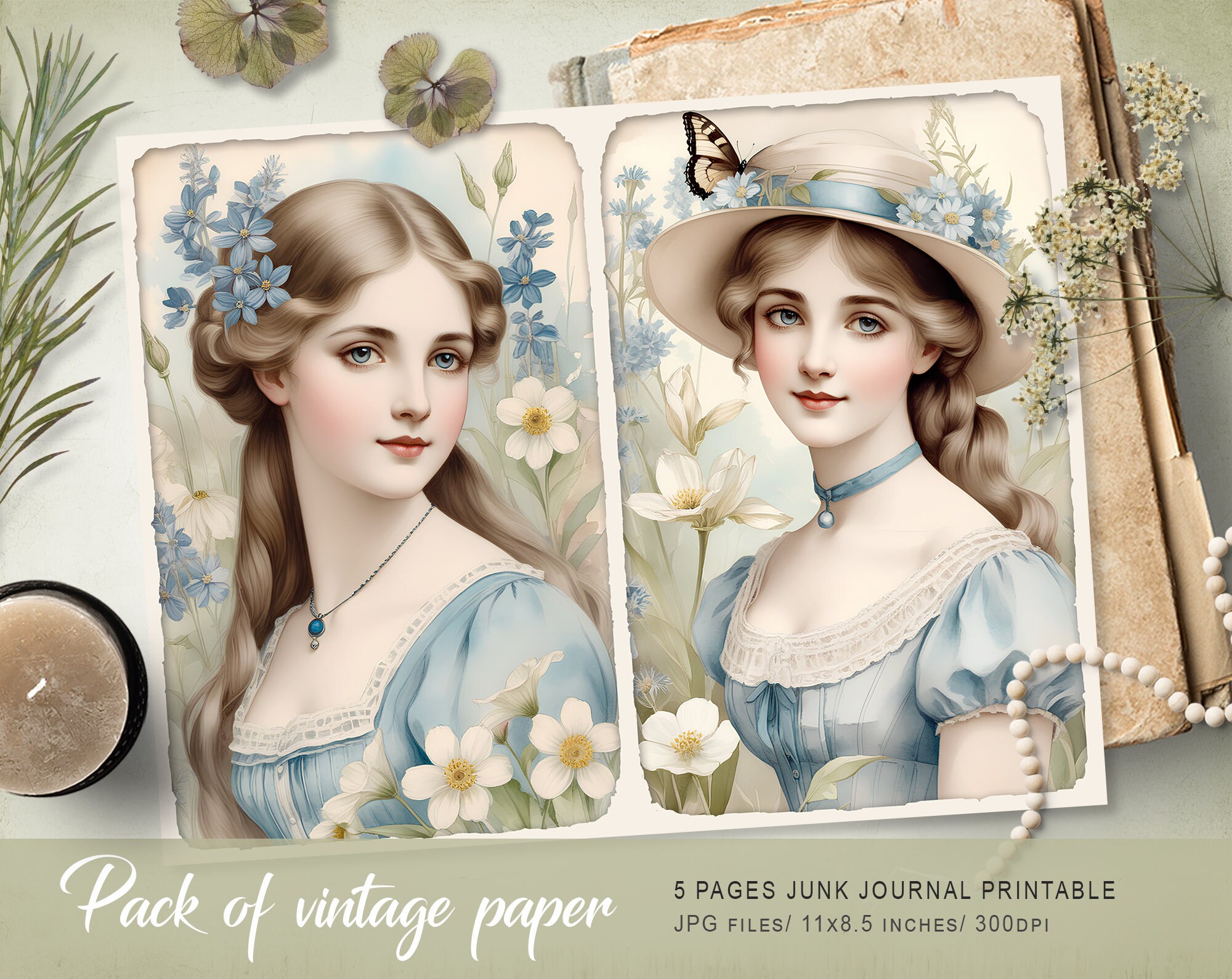 Blue & Ivory #2 Victorian Junk Journal Kit – Floral Collage (digital ...