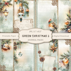 Christmas Green Blank Lined Journal Pages for Junk Journals,Basic Junk Journal Kit,Holiday Lined Pages, Printable Collage,Winter Lined Paper