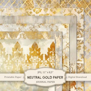 Neutral Gold Paper-2 Printable Set, Neutral Notebook Papers, Shabby Chic Scrapbooking Paper, Vintage Gold Craft Paper, Digital Download