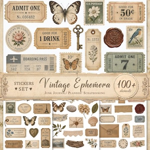 Puede incluir: Una colección de pegatinas efímeras vintage con mariposas, sellos postales, billetes, una llave, sellos de cera, ilustraciones botánicas y sobres. El conjunto incluye textos como ADMIT ONE, GOOD FOR 1 DRINK y Vintage Ephemera 100+ elements.