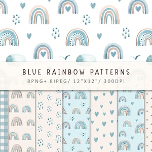 Modelli arcobaleno blu, modelli senza cuciture ad acquerello, modelli per bambini, carta digitale arcobaleno, modelli di tessuto, baby shower, scrapbooking