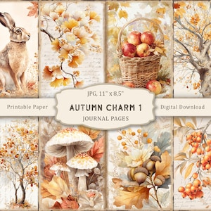Può includere: Un collage di pagine di diario a tema autunnale. Le pagine presentano illustrazioni ad acquerello di un coniglio, fiori, mele in un cesto, funghi e ghiande. Il testo "AUTUMN CHARM 1 JOURNAL PAGES" è visibile. L'immagine misura 27,9 cm x 21,6 cm.