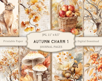 May include: A collage of autumn-themed journal pages. The pages feature watercolor illustrations of a rabbit, flowers, apples in a basket, mushrooms, and acorns. The text "AUTUMN CHARM 1 JOURNAL PAGES" is displayed. The image size is 11" x 8.5".