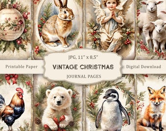 Vintage Christmas Junk Journal Kit, Watercolor Pages, Winter Scrapbooking Paper, Animals Ephemera