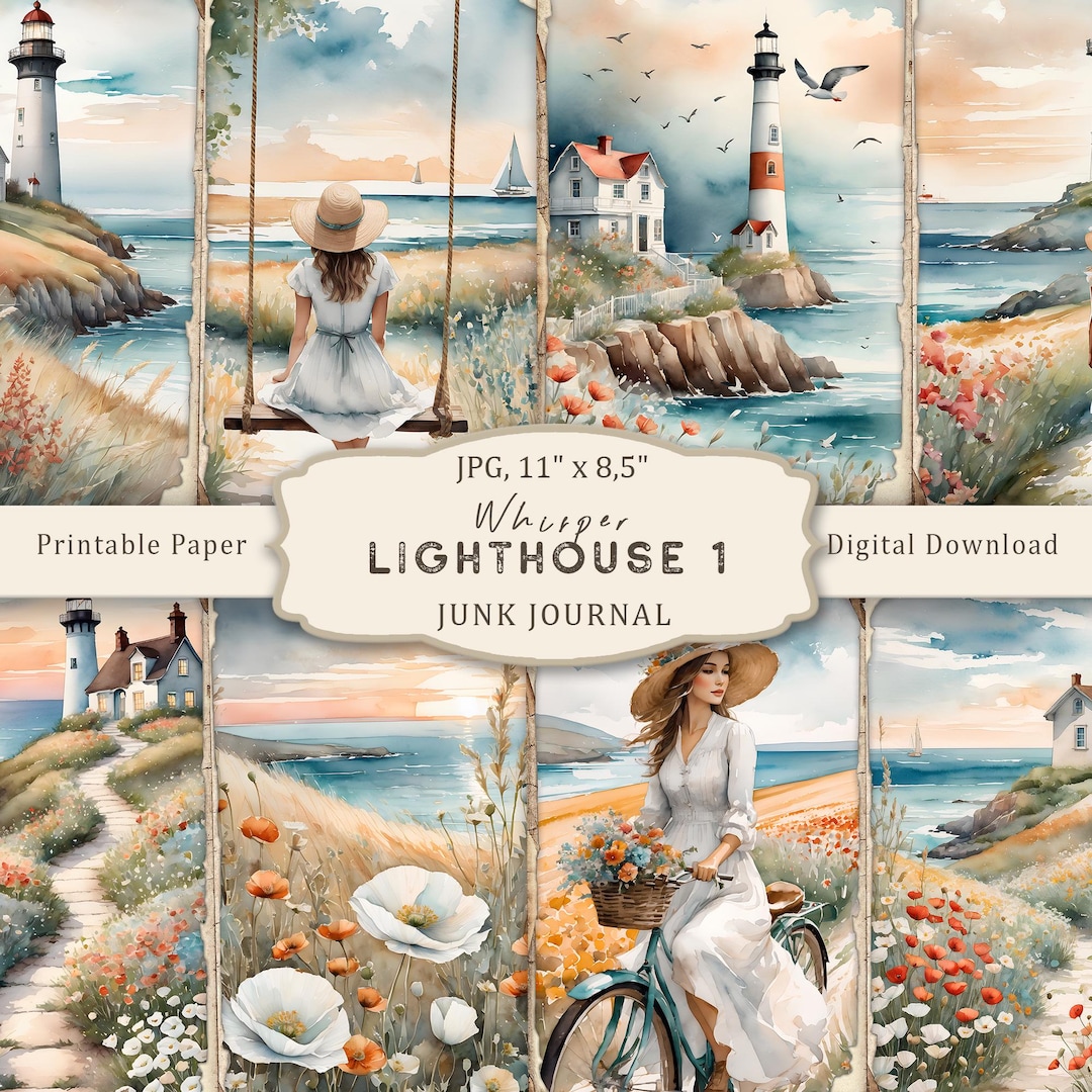 Whisper Lighthouse-1 Junk Journal Kit, Watercolor Lighthouse Printable ...