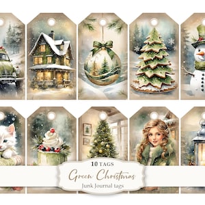 May include: A set of ten watercolor-style Christmas tags. The tags feature various winter scenes, including a green car with gifts, a snow-covered house, a snowman, and a Christmas tree. The text "Green Christmas Junk Journal tags" is also present.