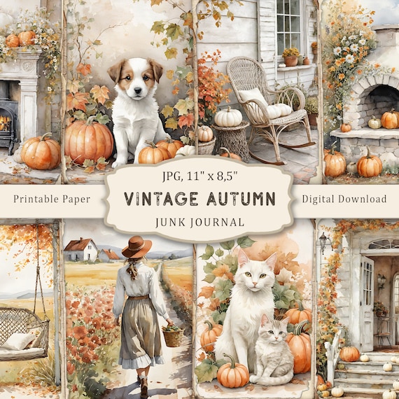 Autumn Junk Journal Kit, Watercolor Autumn Printable Pages, Autumn Scrapbooking Paper, Fall Collage Sheet, Fall Vintage Ephemera, Digital