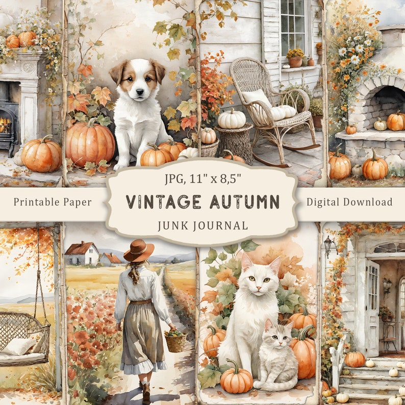 May include: A digital collage sheet featuring vintage autumn illustrations. The sheet includes images of a white farmhouse, a rocking chair, pumpkins, a cat, a dog, a woman walking down a path, and a swing hanging from a tree. The text "Vintage Autumn Junk Journal" is printed on the sheet.
