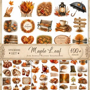 May include: A collection of autumn-themed stickers featuring maple leaves, pumpkins, lanterns, cozy sweaters, hot beverages, wooden signs with text like 'Hello Autumn' and 'Sweater Weather', and park benches, all presented in a warm, seasonal color palette.