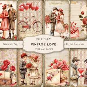 Vintage Love Junk Journal, Valentijnsdagpagina's, romantische afdrukbare pagina's, vintage ephemera, standaard junkdagboek, plakboek bruiloft