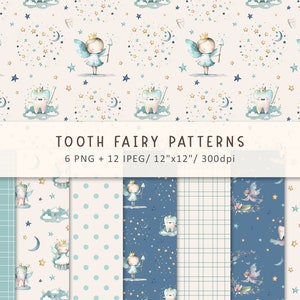 Motifs fées des dents pour bébé, Motifs magiques aquarelles, Motifs avec de petits personnages de fées, Motifs avec des dents de lait, Ailes, Conte de fées