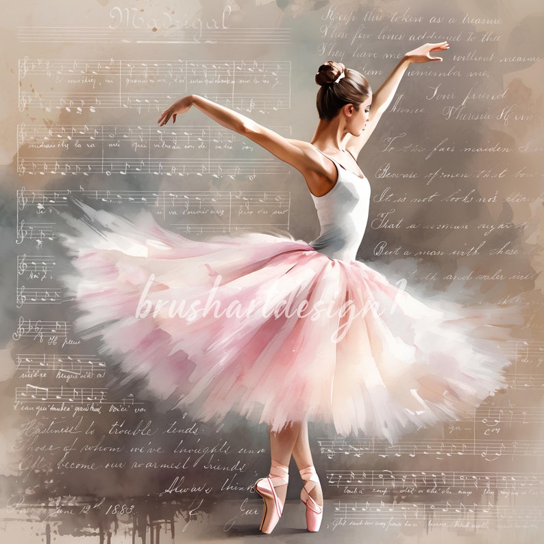 Puede incluir: Una pintura de acuarela de una bailarina con un tut&uacute; rosa, con un fondo de notas musicales y letras. Las letras incluyen las palabras "Madrigal", "tesoro", "medida", "doncella", "miradas", "hombre", "agua", "problemas", "pensamientos", "amigos", "siempre", y "12 de junio de 1883".