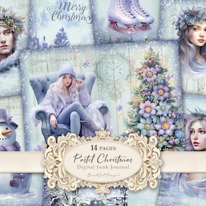 Natale pastello - Kit da 14 pagine di diario spazzatura, pagine di diario spazzatura invernali, oggetti effimeri natalizi vintage, foglio di collage natalizio fantasy