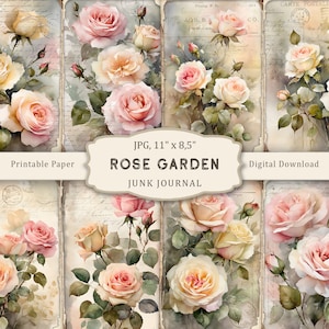 Kit de diário lixo para jardim de rosas, páginas para impressão de rosas chiques em aquarela, papel para scrapbooking de rosas, folha de colagem de flores, coisas efêmeras vintage