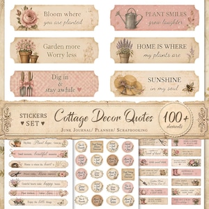 Puede incluir: Una colección de pegatinas de estilo vintage con ilustraciones botánicas y citas como Bloom where you are planted, Plant smiles grow laughter, Garden more Worry less, Home is where my plants are, Dig in & stay awhile y Sunshine in my soul.