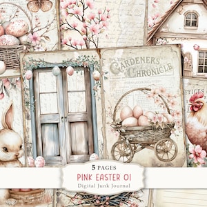 Rosa Ostern-01 Junk Journal Seiten Kit, Rosa Rustikales Ostern Junk Journal, Frühling druckbare Seiten, Vintage Scrapbook Papier, digitaler Download