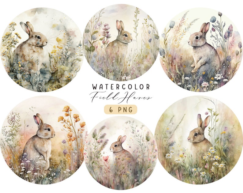 May include: Six watercolor illustrations of hares in a field of wildflowers. Each hare is depicted in a different pose and surrounded by a variety of flowers and grasses. The illustrations are painted in a soft, muted palette of greens, browns, and pinks.