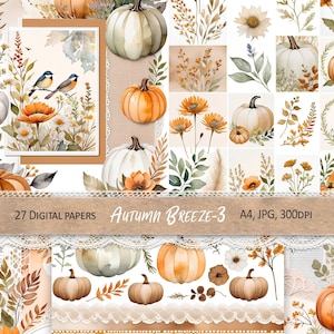 Ensemble de papier de scrapbooking automne, papier imprimable automne, pages aquarelle de carnet d'automne, feuilles de collage automne, téléchargement numérique
