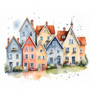 10 casas escandinavas, clipart de casa, confecção de cartões, JPG de alta qualidade, artesanato em papel, download digital, Junk Journal, clipart aquarela, faça você mesmo