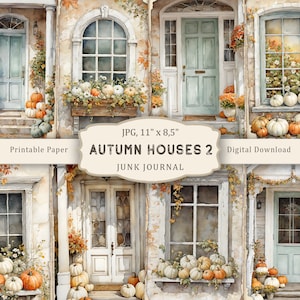 Autumn Country Houses-2 Junk Journal Kit, páginas para impressão em aquarela de outono, papel para scrapbook de outono, folha de colagem de outono, coisas efêmeras de outono