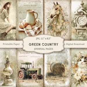 Green Country - afdrukbaar - 3 pagina's, Green Country Junk Journal, Country Cottage, Cottagecore, Digitaal papier, Scrapbooking, Vintage Ephemera