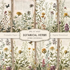 Kit de journal indésirable d'herbes botaniques, journal de fleurs sauvages, pages d'herbes de prairie, papier imprimable vintage, papier de scrapbooking, éphémères vintage