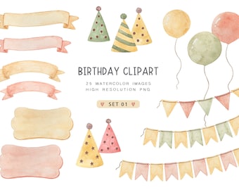 Watercolor clipart Birthday PNG, Balloons clipart, Children's shower, Banners clipart, Flags clipart, Children's birthday,Party caps,Digital
