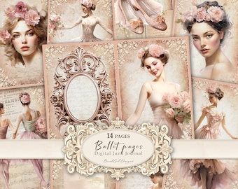 May include: A digital junk journal titled "Ballet Pages" featuring illustrations of ballerinas, ballet shoes, and floral accents. The design incorporates a soft colour palette of pinks, creams, and vintage textures. The journal includes 14 pages.