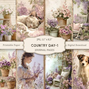 Páginas imprimíveis do Country Day-1 Junk Journal, páginas florais, folhas de colagem, papel para scrapbooking Country Day, itens florais vintage