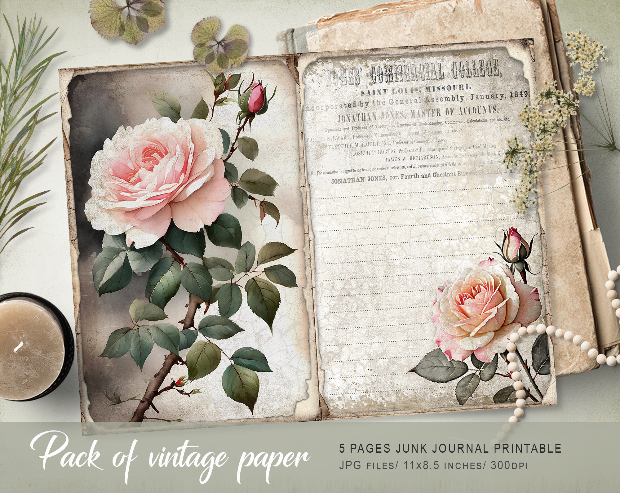 Shabby Chic Roses-1 Junk Journal Kit, Floral Shabby Chic Roses Pages ...