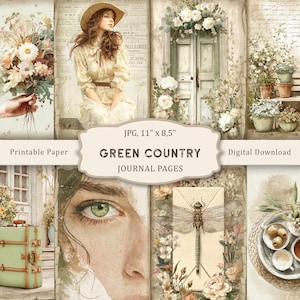 Green Country - 1 página para impressão, diário de lixo Green Country, casa de campo, Cottagecore, papel digital, scrapbooking, itens vintage