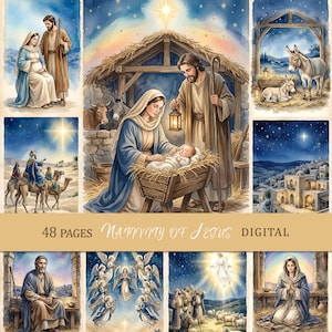 May include: A digital collection of 48 pages featuring watercolor illustrations of the Nativity of Jesus. The scenes include the Holy Family, shepherds, angels, a stable, and a town under a starry sky, all rendered in soft blue and gold tones.
