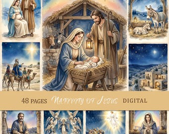Set di carte stampabili con la Natività di Natale, pagine natalizie per junk journal, materiale decorativo sulla Natività, clipart della Vergine Maria, cartoline bibliche, 48 JPG