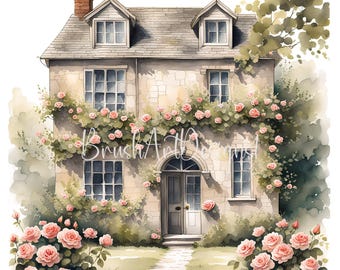 12 Old English Houses Clipart, Watercolor Vintage Flower Cottage Clipart, Stone House Images, High Quality JPG,Digital Download,Paper Crafts