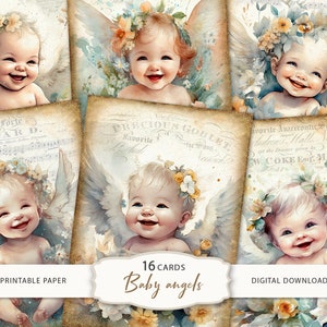 Juego de tarjetas de ángeles ATC- 16JPG, Ángeles bebés vintage, Hoja de collage imprimible, Tarjetas de diario de ángeles ATC, Ángel efímero