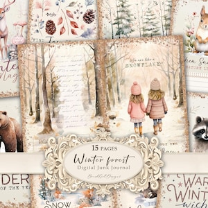 Winter forest- 15 Pages Junk Journal Kit, Winter Junk Journal, Winter Forest animals pages, Winter Printable paper, Vintage ephemera