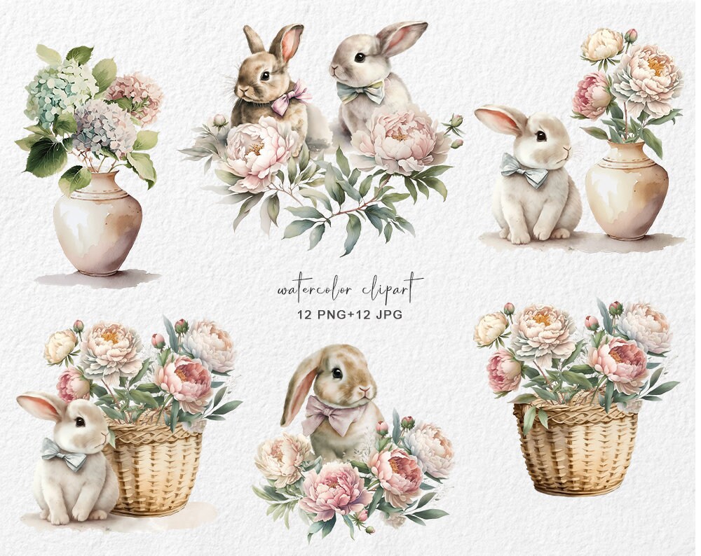 Clipart Rabbits and Flowers Watercolor Clipart Rabbits - Etsy