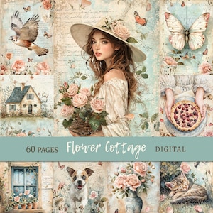 Könnte beinhalten: Eine digitale Collage im Vintage-Stil mit einer Frau mit Hut, Rosen, Schmetterlingen, einem Haus, einem Hund und einer Katze. Der Text "Flower Cottage" und "60 Pages DIGITAL" sind auf einem türkisfarbenen Banner zu sehen. Die Farbpalette umfasst weiche Rosa-, Blau- und Cremetöne.