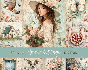 Flower Cottage Scrapbook Paper, Shabby Chic Junk Journal Pages, Vintage Garden Ephemera, JPG, PDF
