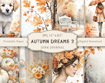 Sueños de otoño n.° 2: Páginas para diario basura, hojas de collage para álbum de recortes otoñales, objetos vintage, papel digital