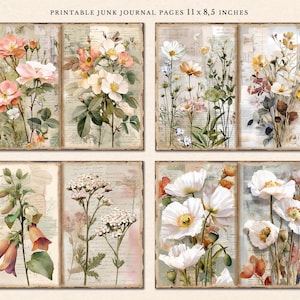 May include: Six printable junk journal pages featuring vintage floral illustrations. The pages feature various flowers, including roses, daisies, and poppies, in shades of pink, white, and cream. The pages are printed on a textured paper with a vintage look.