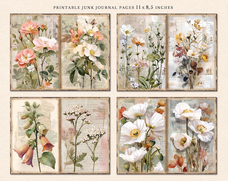 May include: Six printable junk journal pages featuring vintage floral illustrations. The pages feature various flowers, including roses, daisies, and poppies, in shades of pink, white, and cream. The pages are printed on a textured paper with a vintage look.