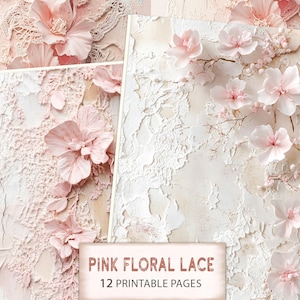 Páginas imprimibles de diario basura con encaje floral rosa, hojas de collage de encaje digital, diario basura digital con flores, papel imprimible con encaje vintage