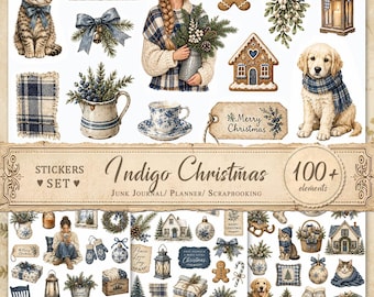 Puede incluir: Un conjunto de pegatinas digitales titulado Indigo Christmas con más de 100 elementos, incluyendo un gatito, un cachorro golden retriever, galletas de jengibre, una persona con vegetación, una linterna, una tetera e ilustraciones navideñas.