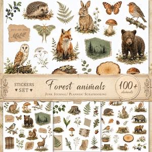 May include: A sticker set featuring over 100 forest animal and nature elements, including a hedgehog, rabbit, fox, bear, owl, and robin. The collection displays botanical illustrations, mushrooms, butterflies, and trees with the text Forest animals.